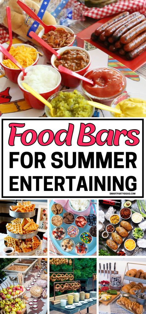 Host epic summer get-togethers, BBQs, birthday parties, family gatherings and graduation parties with these epic food bar ideas perfect for summer entertaining. These quick and easy food bars are the easiest way to feed a crowd. Cookout Ideas For Large Group, Food Bar Ideas For A Crowd, Outside Party Food Summer, Easy Food Bars For A Crowd, Family Cookout Ideas Food, Burger Station Ideas Food Bars, Summer Party Meals For A Crowd, Large Crowd Food Ideas, Pool Foods Summer Parties