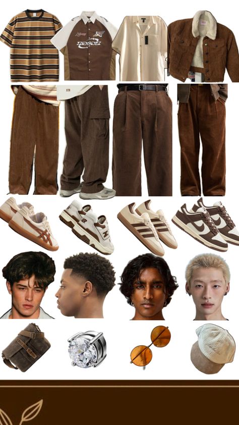 Baggy brown corduroy pants, cream and brown tops and shirts, brown and white sneakers, short male hairstyles, orange lens glasses, stud earrings, over the shoulder brown bags, brown corduroy jackets, small caps- thoughts? Short Male Hairstyles, Trend Prediction, Short Male, Brown Pants Outfit, Male Hairstyles, Brown Corduroy Pants, Pants Cream, Brown Corduroy Jacket, Brown Tops