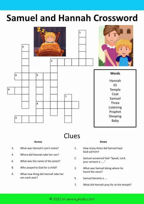 Looking for a fun and educational way to teach your kids about the story of Hannah and Samuel from the Bible? Check out our free crossword worksheet from Trueway Kids! This worksheet will help your kids learn and retain the important details of this inspiring story. Perfect for homeschooling, Sunday school, or just some fun family time. Samuel Bible Story Craft, Hannah And Samuel Activities, Samuel Bible Story Activities, Hannah And Samuel Craft For Kids, Samuel Bible Story, Hannah And Samuel, Hannah Bible, Teen Bible Lessons, Samuel Bible