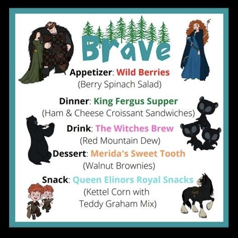 Brave Movie Night, Movie Themed Meals, Theme Dinners Ideas, Movie Dinner Ideas, Dinner Night Ideas, Movie Themed Food, Disney Movie Themed Dinner, Movie Meals, Movie Themed Dinner