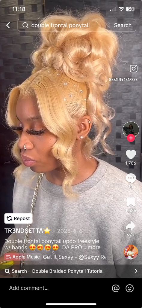 Ash Blonde Updo Black Women, Blonde Double Frontal Ponytail, Blonde Barbie Ponytail, Blonde Updo Black Women, Barbie Ponytail Black Women, Updo Hairstyles Ponytail, Frontal Updo Hairstyles, Frontal Updo, Updo Black Women