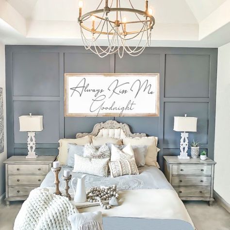 As seen in viral post via Sherwin Williams by @thefunkgypsy , recreate this gorgeous bedroom with our digital download of this sign “Always Kiss Me Goodnight” ***this is a digital download ONLY Simply purchase the listing and download the file. Have the file printed on canvas, paper, poster, wood, Moss Design, Kiss Me Goodnight, Always Kiss Me Goodnight, Coastal Contemporary, Farmhouse Master, Bedroom Accent, Gorgeous Bedrooms, Couple Bedroom, Ideas For Couples