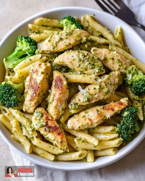 Chicken Pesto Pasta Pesto Pasta Chicken, Bacon Cheddar Scones, Creamy Pesto Chicken, Pesto Pasta Recipes Chicken, Cheddar Scones, Chicken Pesto Pasta, Chicken Pesto Recipes, Creamy Parmesan Sauce, Pasta Types