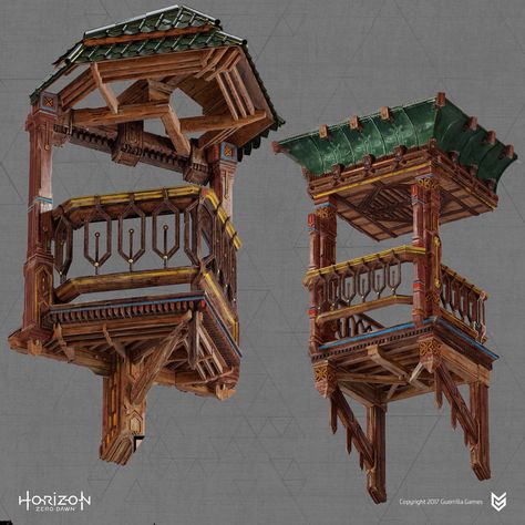 City Balcony, Front Wall Design, House Cartoon, Props Concept, Concept Art Tutorial, Fantasy Props, Horizon Zero Dawn, Chinese Architecture, Prop Design