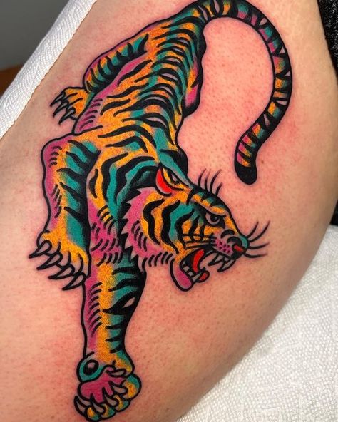 Traditional Tattoo Cover Up, American Classic Tattoo, Traditional Tiger Tattoo, Fake Skin Tattoo, Neon Tiger, Traditional Tattoo Inspiration, American Traditional Tattoo Ideas, Traditional Tattoo Ideas, Tattoo Apprenticeship