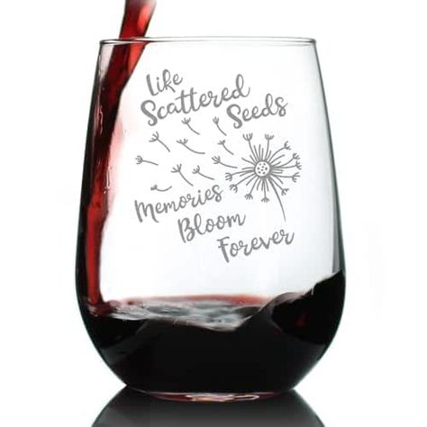 Memories Bloom Forever - Dandelion - Stemless Wine Glass Gift - Bereavement Memorial Gifts for Loss of Loved One - Large 17 Ounce Kitchen Clothes, Bereavement Gift, Bar Glassware, Stemless Wine Glasses, Best Birthday Gifts, Glass Gifts, Birthday Gifts For Women, Monogram Letters, Memorial Gifts