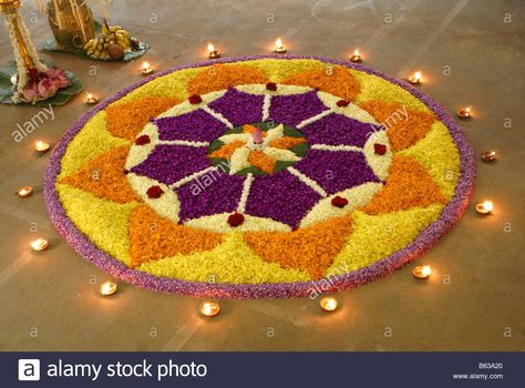 Download this stock image: FLOWER CARPET DURING ONAM CELEBRATOINS IN KERALA INDIA - B63A20 from Alamy's library of millions of high resolution stock photos, illustrations and vectors. Floral Carpet Design, Onam Pookalam Design, Diwali Painting, Pookalam Design, Simple Flower Rangoli, Image Flower, Flower Petal Art, Flower Carpet, Rangoli Designs Simple Diwali