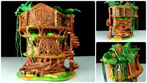 Miniature Tree House, Garden Tree House, Dollar Tree Diy Organization, Fairy Garden Doors, Diy Polymer Clay, Fairy Tree Houses, Tree House Diy, Clay Fairy House, House Lamp