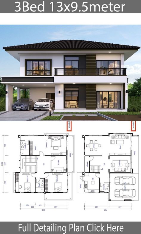 Pin on Home: Design & Decor Sketches Architecture, 2 Storey House Design, Two Story House, Modern Style House Plans, House Construction Plan, House Layout Plans, Model House Plan, Duplex House Design, Architectural House Plans