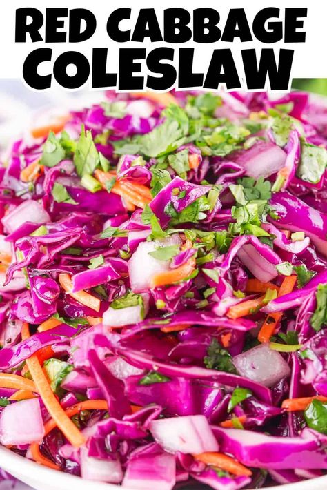 This Red Cabbage Coleslaw is a fresh and tangy side perfect for a picnic! This classic dish is made with crisp red cabbage, fresh herbs, carrots, and aromatic onions. It's super simple to prepare and perfect for any time of the year. Swap out the oil with mayo for a creamy twist! Cabbage Coleslaw Recipe, Red Cabbage Slaw Recipes, Red Cabbage Coleslaw, Cabbage Coleslaw, Red Cabbage Slaw, Coleslaw Salad, Cabbage Salad Recipes, Pulled Pork Leftovers, Healthy Side Dish