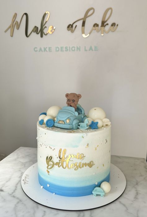 White and blue cake with teddy bear in a car.  #CakeArt #CakeDesign #CakeDecor #Battesimo #TeddyBearCake Blue Car Birthday Cake, Cake With Teddy Bear, Teddy Bear Birthday Cake, Cars Birthday Cake, Teddy Bear Birthday, Teddy Bear Cakes, Blue Teddy Bear, Boy Car, Blue Cakes