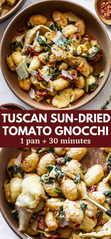 Tuscan Sun-Dried Tomato Gnocchi with spinach and artichokes in a light garlic cream sauce. This 30 minute meal shines with flavors of the Mediterranean, and will be an instant dinner hit. #gnocchi #vegetariandinners #creamypasta #healthydinnerrecipes Gnocchi Recipes Sun Dried Tomatoes, Sun Dried Tomato Gnocchi Recipes, Gnocchi Sundried Tomatoes Spinach, Gnocchi With Sundried Tomatoes, Gnocchi Artichoke Recipes, Creamy Tuscan Gnocchi, Tuscan Gnocchi Recipes, Mediterranean Gnocchi Recipes, Gnocchi Mediterranean