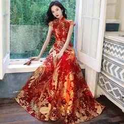 Asian Wedding Outfits, Chinese Engagement, Qipao Wedding Dress, Chinese Style Wedding Dress, Red Chinese Wedding Dress, Long Qipao, Chinese Gown, Chinese Wedding Dress Traditional, Cheongsam Wedding