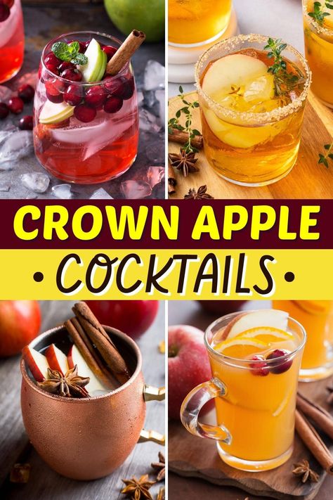 These Crown Apple cocktails are fit for a king! From appletinis to Moscow mules, each drink recipe is such a treat. Crown Apple Mule Recipe, Cocktails With Crown Apple, Spiced Apple Cocktail, Crown Cocktails Recipe, Crown Recipes Drinks, Apple Crown Royal Recipes Cocktails, Crown Apple Cocktails, Crown Apple Cider, Drinks With Crown Apple