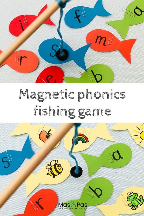 Learning phonics is so much fun with this magnetic fishing game. It’s quick and easy to make and a great way of learning through play. Can your child fish for letters and then tell you what sounds they make? Can they fish for a picture has the same initial sound? So much fun they’ll be phonic fishing all summer #phonicsgame #phonicsactivity #learningletters #earlylearning #learninggameforkids Jolly Phonics Activities, Aktiviti Tadika, Magnetic Fishing Game, Learning Phonics, Aktiviti Kanak-kanak, Letter Games, Phonics Lessons, Phonics Games, Jolly Phonics