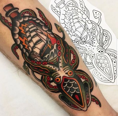 Traditional Tattoo Octopus, Traditional Tattoo Animals, Traditional Ship Tattoo, Traditional Tattoo Man, Nautical Tattoo Sleeve, Kraken Tattoo, Squid Tattoo, Traditional Style Tattoo, Octopus Tattoos