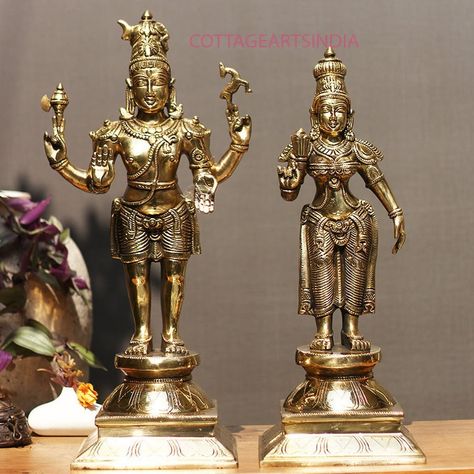 Brass Standing Shiva & Parvati Idol 18” Holding Axe and Deer Décor Table, Brass Idols, Shiva Parvati, Brass Statues, Cottage Art, Lord Hanuman, Lord Vishnu, Vintage Planters, Wooden Wall Decor