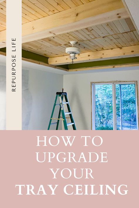 Looking for ideas to turn your tray ceiling into a focal point? By simply adding beams and carsiding, you can change the look of an entire bedroom, family room, kitchen, etc. Check out this post for a full DIY tutorial on how to turn your tray ceiling into a statement. Tray Ceiling Makeover, Farmhouse Tray Ceiling, Tray Ceilings Ideas, Tray Ceiling Ideas Bedroom Master Suite, Shiplap Tray Ceiling, Angled Tray Ceiling, Tray Ceiling Ideas Bedroom, Wood Planked Ceiling, Wood Tray Ceiling