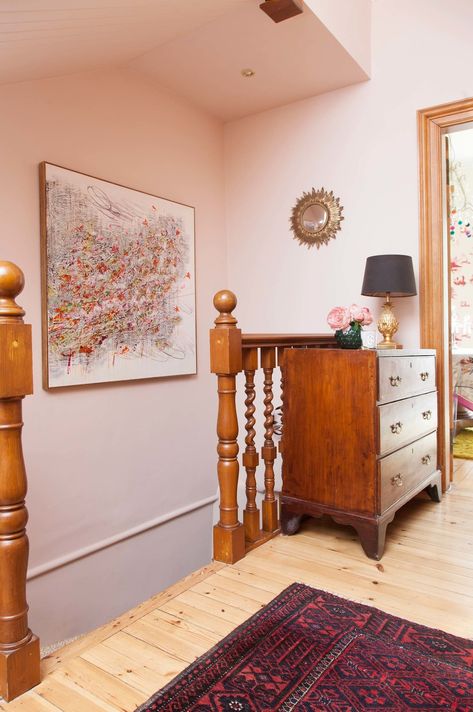 The Pink House hallway with Farrow & Ball Pink Ground walls and painting by graffiti artist Dale vN Marshall Pink Hallway Ideas, Pink Hallway, Setting Plaster, Hallway Ideas Diy, The Pink House, Pink Ground, Hallway Wallpaper, Hallway Flooring, Farrow And Ball