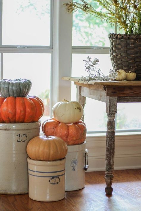 Vintage Fall Baskets: Styling Ideas - Beauty For Ashes Crocks Decor Ideas, Crocks Decor, Crock Decor, Fall Baskets, Vintage Fall Decor, Antique Crocks, Vintage Crock, Home Budget, Fall Deco