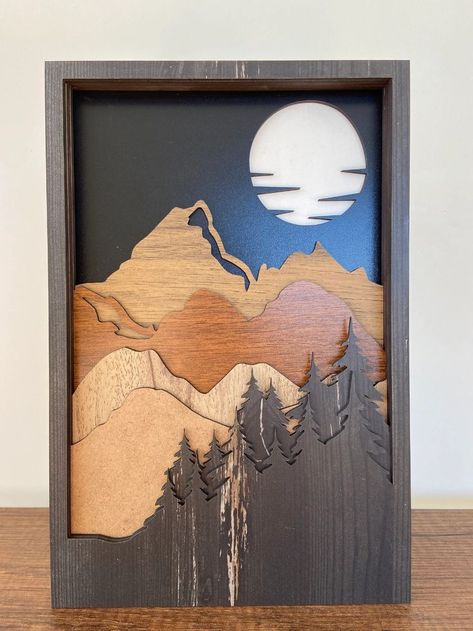 Wood Art Mountains, Layered Wall Art, Wood Layered Art, Layered Wood Projects, Cnc Art Woodworking, Rustic Wood Painting, Wood Cnc Projects, Diy Wall Hanging Ideas, Layered Wood Art