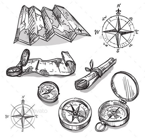 Map Inktober, Geography Drawings, Map Doodle, Compass Sketch, Chemistry Aesthetic, Site Maps, Goat Illustration, Map Elements, Compass Drawing