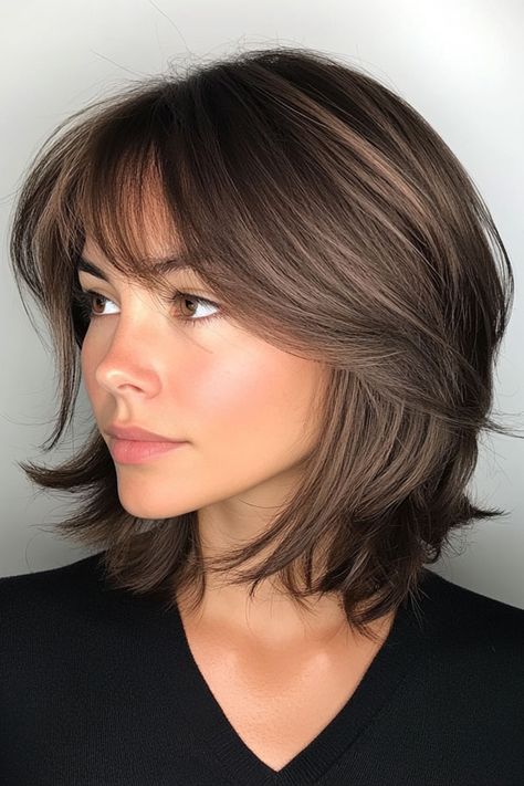 Layered Bob Haircut, Shaggy Layered Bob with Wispy Bangs This shaggy layered bob is a modern twist on a classic style, offering a perfect blend of edge and softness. The cut features choppy layers that add texture and movement, creating a carefree, tousled look. The wispy bangs are a key highlight, gently framing the face and adding a touch of softness to the overall style. The rich, dark brunette color enhances the depth and dimension of the layers, giving the hair a full, voluminous appearance. This look is ideal for those who want a low-maintenance, effortlessly chic hairstyle that works well for both casual and dressed-up occasions. The shaggy layers make this bob incredibly versatile and full of personality, perfect for anyone looking to embrace a trendy, laid-back vibe. Brunette Layered Bob, Bob Face Framing Layers, Shaggy Layered Bob, Bob With Wispy Bangs, Choppy Layered Bob Hairstyles, Shaggy Layered Bobs, Shaggy Layers, Short Shaggy Bob, Hairstyles For Seniors