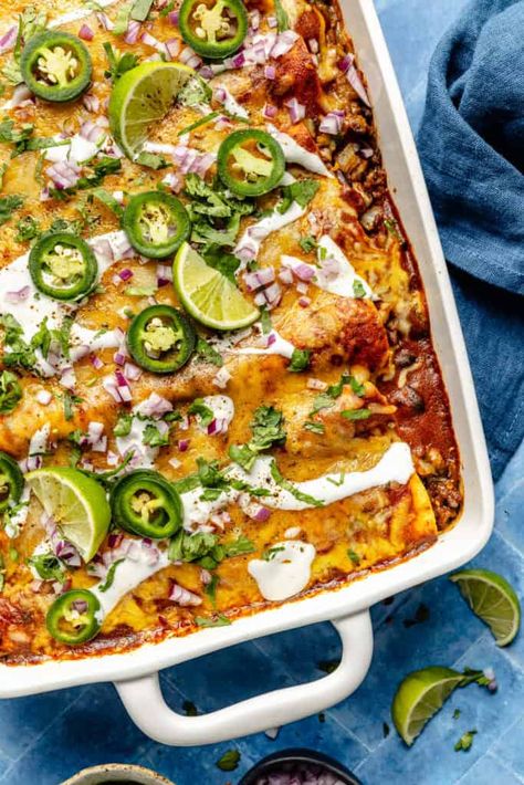 Easy Ground Beef Enchiladas Meat Enchiladas Ground, Ground Beef And Bean Enchiladas, Beef Enchiladas Healthy, Mexican Food Ground Beef, Side Dish With Enchiladas, Authentic Ground Beef Enchiladas, Ground Beef Dinner Healthy, Easy Healthy Enchiladas, Healthy Beef Enchiladas