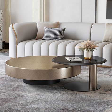 Everly Quinn Bonapart Round Coffee Table Set with Storage, Lift-Top Coffee Tables | Wayfair Gold Cocktail Table, Round Nesting Coffee Tables, Stainless Steel Coffee Table, Bronze Coffee Table, Glass Top Side Table, Steel Coffee Table, Gold Coffee Table, Nest Design, Furniture Design Living Room