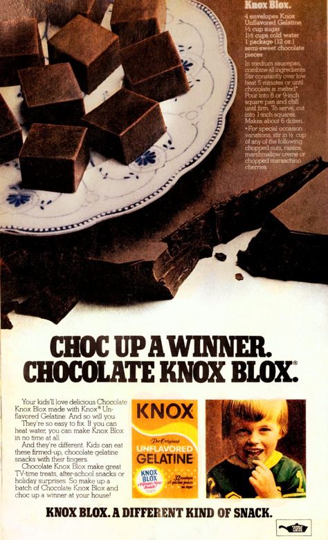 Chocolate Knox Blox: Get the retro recipe for these gelatin dessert squares - Click Americana Knox Gelatin Recipes, 70s Recipes, Scrumdiddlyumptious Recipes, No Sugar Snacks, Chocolate Jello, Dessert Squares, Gelatin Recipes, Healthy Eating Snacks, Gelatin Dessert