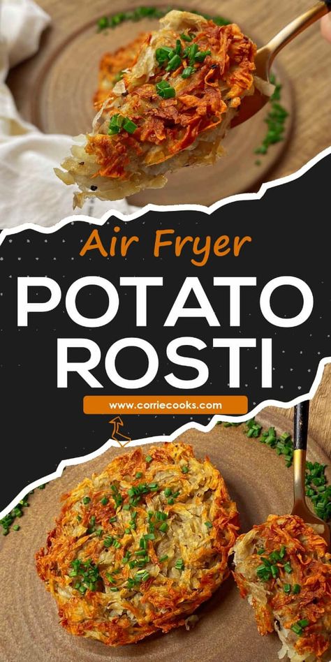 Made with 5 ingredients, it takes only 20 minutes to create this versatile and tasty dish that you can serve with breakfast, lunch, or dinner. Potato Rosti Recipe Easy, Air Fried Red Potatoes, Potatoe Air Fryer Recipe, Air Fryer Potato Slices, Potato Fritters Air Fryer, Air Fryer Potatoes Recipes, Russet Potato Recipes Air Fryer, Air Fryer Potatoes And Onions, Rosti Potatoes Recipes