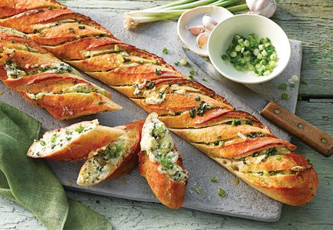 Cheesy Garlic and Green Onion Stuffed Baguette - ACE Bakery - Recipe Box Stuffed Baguette, Baguette Sandwich, Baguette Recipe, Gourmet Burgers, Bakery Bread, Green Onion, Bakery Recipes, Appetizers Easy, Minced Garlic