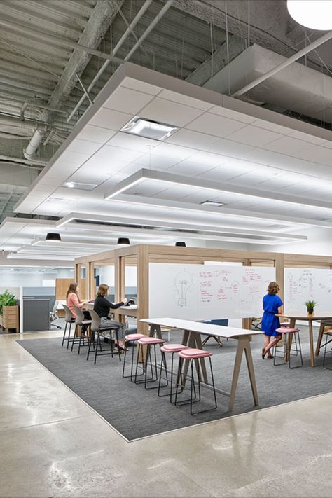 Located in Philadelphia, PA Berkadia wanted to renovate its space to create an Innovation Center, a hub for brainstorming, collaboration, and thought leadership. The soft architecture within the space provides structure amidst high ceilings and open space. The variety of meeting spaces, from private focus areas to closed collaborative rooms, fosters ideation and energizes employees to do their best work. soft architecture | office spaces | open concept | collaborative workspace Soft Architecture, Corporate Office Furniture, Innovation Center, Collaborative Workspace, Modern Cafe, Thought Leadership, Innovation Centre, Corporate Interiors, Creative Workspace