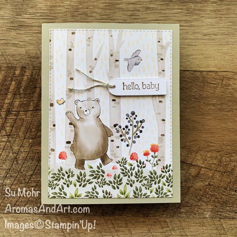 Happy Forest Friends Baby Card - Aromas and Art Happy Forest Friends, Stampin Up Baby Cards, Paper Glue, Designer Paper, Kids Birthday Cards, Hello Baby, Baby Card, Forest Friends, Animal Cards