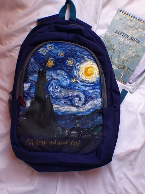 My painting on the bucket Van Gogh Painting On Backpack, Backpack Painting, Van Gogh Aesthetic, Painting Backpack, Painting Flowers Tutorial, Painted Clothes Diy, Starry Night Painting, Vincent Van Gogh Art, Arte Van Gogh