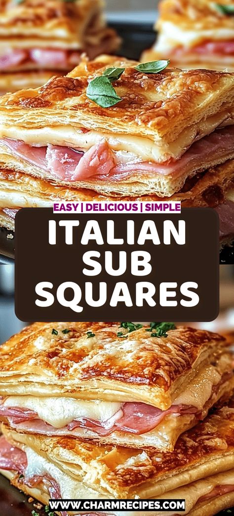 Italian Sub Squares Italian Crescent Bake, Easy Lunch Meals For Family, Sides With Italian Food, Crowd Lunch Ideas, Baked Italian Sandwich, Appetizers For Lunch, Easy And Quick Lunch Ideas For Work, Homemade Italian Sandwiches, Best Sandwiches Ever