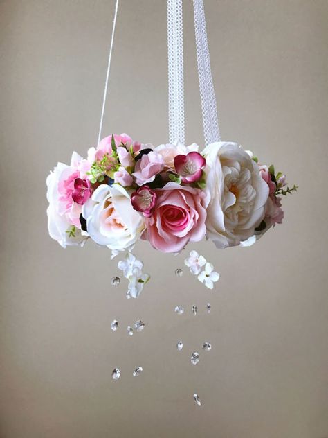 Flower Mobiles, Floral Mobile, Crystal Mobile, Flower Nursery Decor, Girl Nursery Bedding, Wedding Chandelier, Flower Mobile, Flower Chandelier