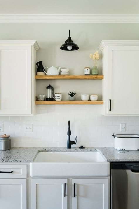 Floating Shelves Over Kitchen Sink No Window, Open Shelves Over Sink, Kitchen With Shelves Above Sink, Above Sink Shelves Kitchen, Floating Shelves Kitchen Above Sink, Kitchen Sink With No Window Above, Sink With Shelves Above, Shelving Over Kitchen Sink, Floating Shelf Over Kitchen Sink