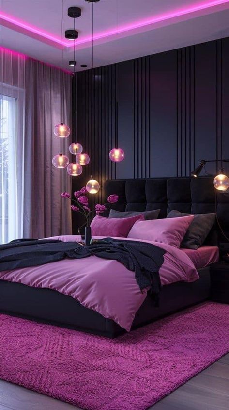 Pink And Purple Room Ideas, Black And Pink Bedroom Ideas, Pink And Black Bedroom Ideas, Nice Bedrooms, Inviting Bedroom, Dream Bedroom Inspiration, Bedroom Color Combination, Luxury Room, Luxury Room Bedroom