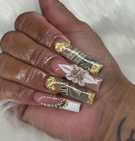 Money Inspired Nails, Money Sign Acrylic Nails, Money Design Nails, Money Nails Designs Ideas, Money Acrylic Nail Design, Money Nails, Birthday Quotes For Me, Pedicure Designs, Long Square Acrylic Nails