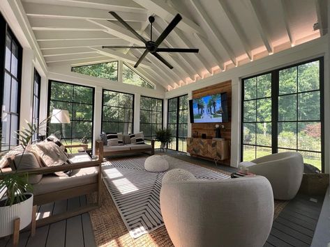 3 Season Screened Porch Ideas, 3 Season Room On Deck, 4 Season Patio Ideas, Double Sided Fireplace Sunroom, Sunroom Family Room Addition, Sunroom Next To Kitchen, Sunroom To Patio, 4 Season Room Addition Off Living Room, Back Room Addition