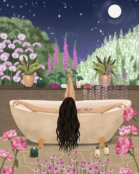 A Gift For A Friend, Sunday Vibes, Surrounded By Flowers, Bath Art, Sacred Feminine, Woman Illustration, Gift For A Friend, Dreamy Art, Spiritual Art