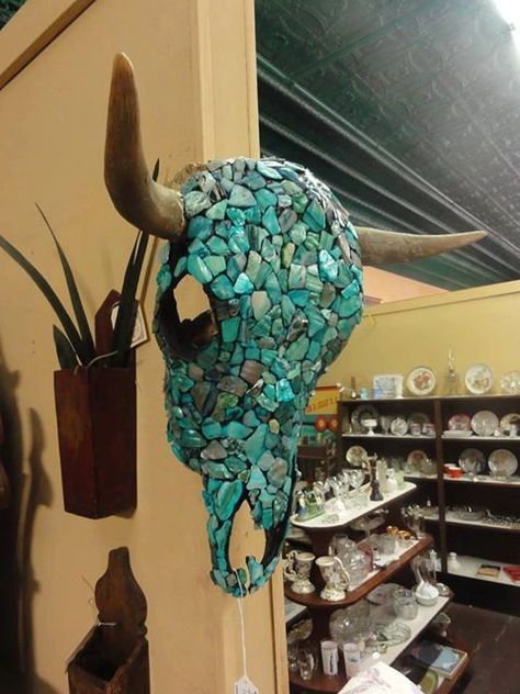 mosaic deer skulls | Terquois shell mosaic cow skull by CallasCorner on Etsy, $600.00 Mosaic Cow, Longhorn Skull Art, Deer Skull Art, Painted Cow Skulls, Cow Skull Decor, Cow Skull Art, Cow Skulls, Antler Crafts, Longhorn Skull