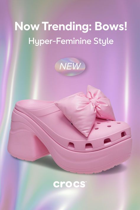 Complete your cute bow outfit with the Siren Bow Clog. This coquettish heel topped with an oversized bow ties comfort and femininity together offering a statement piece that draws attention with every step. Crocs Platform, Bow Outfit, Platform Crocs, Clogs Heels, Hyper Feminine, Chill Room, Teacher Discounts, The Siren, Student Discounts