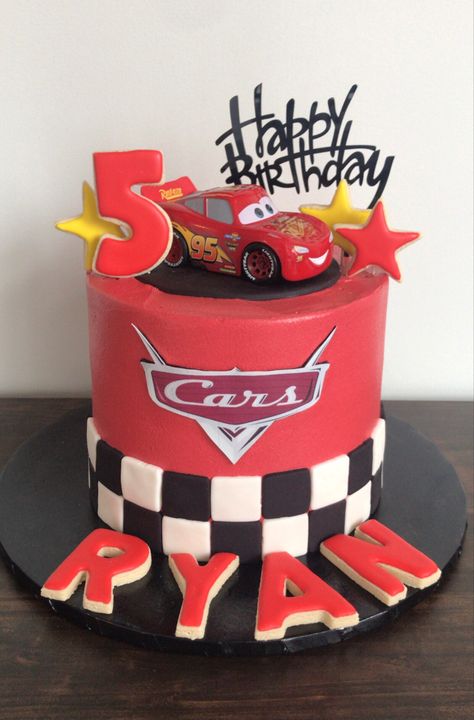 Disney Cars, Lightning McQueen Birthday Cake! Love using royal icing cookies for the name, age, and detail!! #disney #disneycars #disneycarsbirthday #disneycarsbirthdaycake #lightningmcqueen #lightningmcqueenbirthdaycake #5yearsold #americolor #confetticake #vanillabuttercream #royalicing #royalicingcookies #cassiescupcakes Cars Birthday Cake Buttercream, Disney Cars Birthday Cake, Mcqueen Birthday Cake, Birthday Cake Buttercream, Lightning Mcqueen Birthday Cake, Lightning Mcqueen Birthday, Butter Cream Cake, Mcqueen Birthday, Cars Birthday Cake