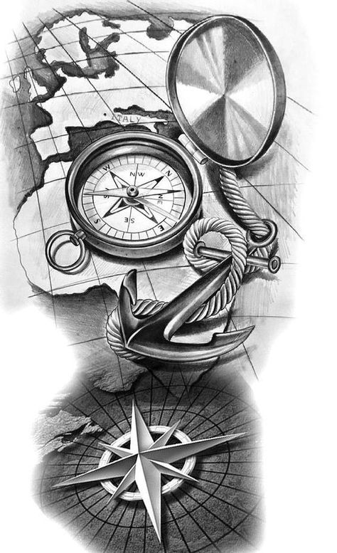 Compas Tattoo, Compass And Map Tattoo, Nautical Tattoo Sleeve, Pirate Tattoo, Tattoo Themes, Compass Tattoo Design, Clock Tattoo Design, Map Tattoos, Tattoo Zeichnungen