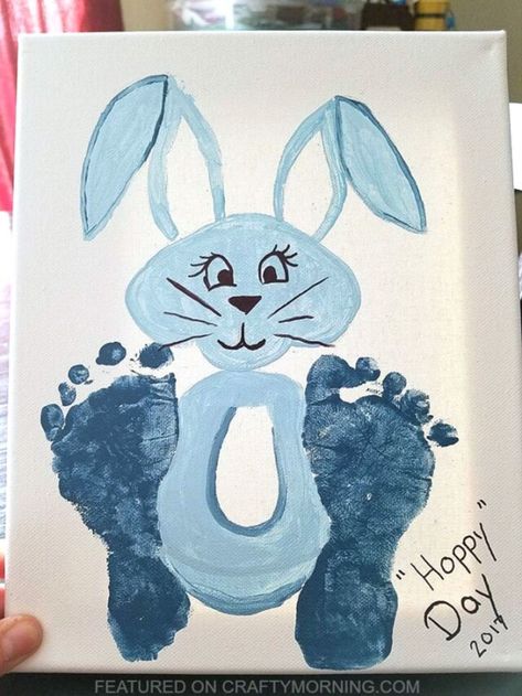 A blue bunny picture with baby footprints as its feet First Easter Crafts, Easter Canvas Painting, Baby First Easter, Easter Bunny Craft, Crafty Morning, Bunny Craft, Easter Canvas, Easter Paintings, Fun Easter Crafts