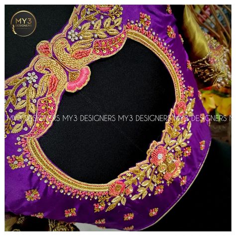 The Bridal edit - Elegant Purple 💜 pattu blouse, exquisitely adorned with⚜️💮 Peacock back neck cutwork maggam work and customised cutwork neckline and Zari boarder highlighted Sleeves. The design features detailed craftsmanship🧶🪡, embellished🧵 with zari, knot flowers, thread work, zardosi, cut dana, beads, kundhans, sequins and Jarkan with Sleeve drops . The fine detailing and pure workmanship ✨ highlight the blouse's rich and elegancy 🪅🌟 👇 MODEL NO : 106 👇 Blouse can be customised✔️ in any c... Purple Dori Work Blouse Piece, Violet Aari Work Blouse Designs, Peacock Maggam Work Blouses, Purple Aari Work Blouse, Magam Work Blouses Latest Peacock, Violet Colour Aari Work Blouse, Violet Color Aari Work Blouse, Simple Embroidery Designs, Embroidery Neck Designs