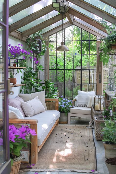 Bask in the warmth of a sunlit conservatory featuring rustic wooden charm, plush seating, and vibrant purple blooms. Discover how to create your own inviting haven with natural light and lush greenery. Click for more garden inspiration! Garden Conservatory, Conservatory Design, Compact Furniture, Uk Garden, Inspiring Spaces, Space Saving Solutions, Vibrant Purple, Quiet Moments, Lush Greenery