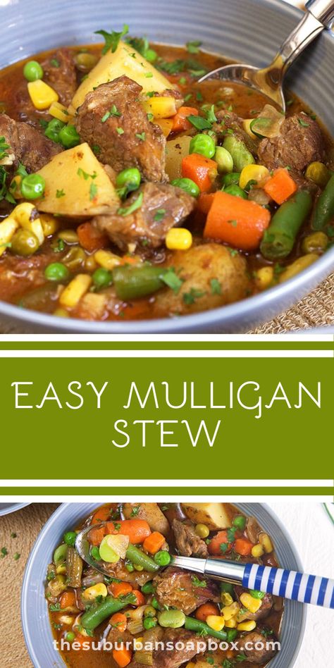 Easy Mulligan Stew is a classic recipe made with whatever you happen to have in the kitchen. Also known as, Hobo Stew or Community Stew, it’s slow simmered flavor is stick-to-your-ribs comfort food that’s great for cleaning out the fridge. Mulligan Stew, Beef Soups, Easy Stew Recipes, Tempting Food, Easy Recipes For Dinner, Stew Crockpot, Appetizing Food, Best Cornbread Recipe, Beef Recipes For Dinner Easy